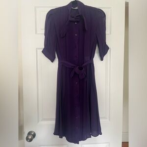 Yves Saint Laurent 100% silk shirtdress bow collar eggplant aubergine size 38 8